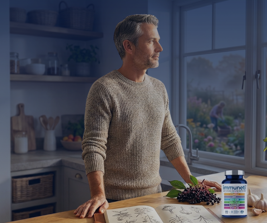Father in a kitchen with Immuneti supplement and natural ingredients displayed on the table, representing the brand's story and commitment to quality immune support