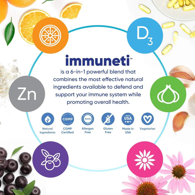 Immuneti 6-in-1 immune support supplement with vitamin C, vitamin D3, zinc, elderberry, garlic and echinacea plus CGMP certified vegetarian formula
