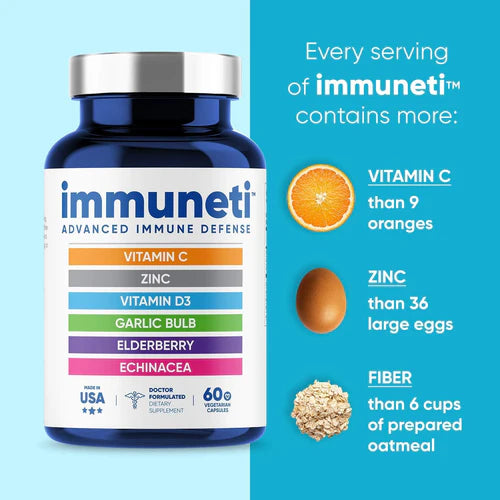 Immuneti immune support supplement bottle with vitamin C and zinc comparison showing equivalent of oranges and eggs per serving