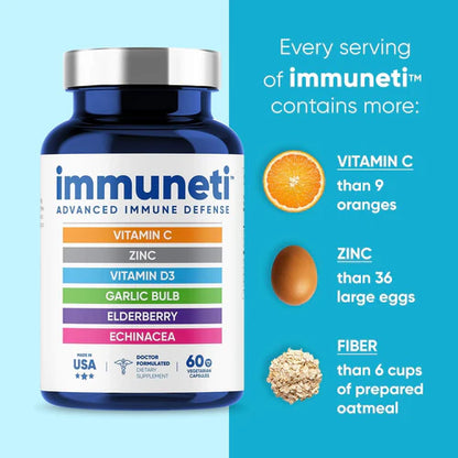 Immuneti immune support supplement bottle with vitamin C and zinc comparison showing equivalent of oranges and eggs per serving