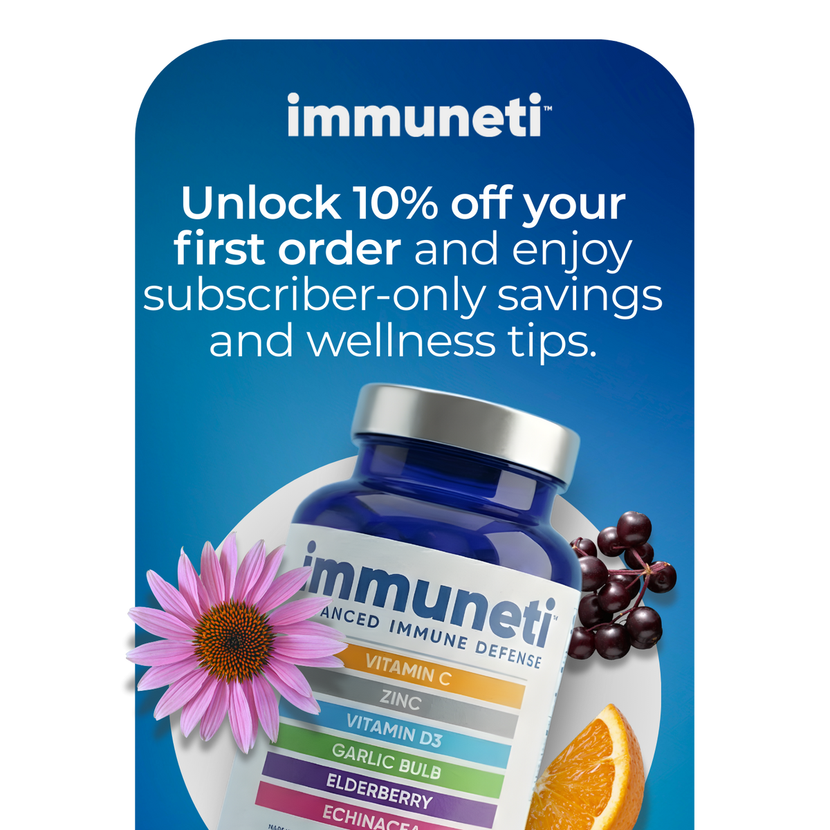 Immuneti discount code banner for 10% off first order and wellness tips