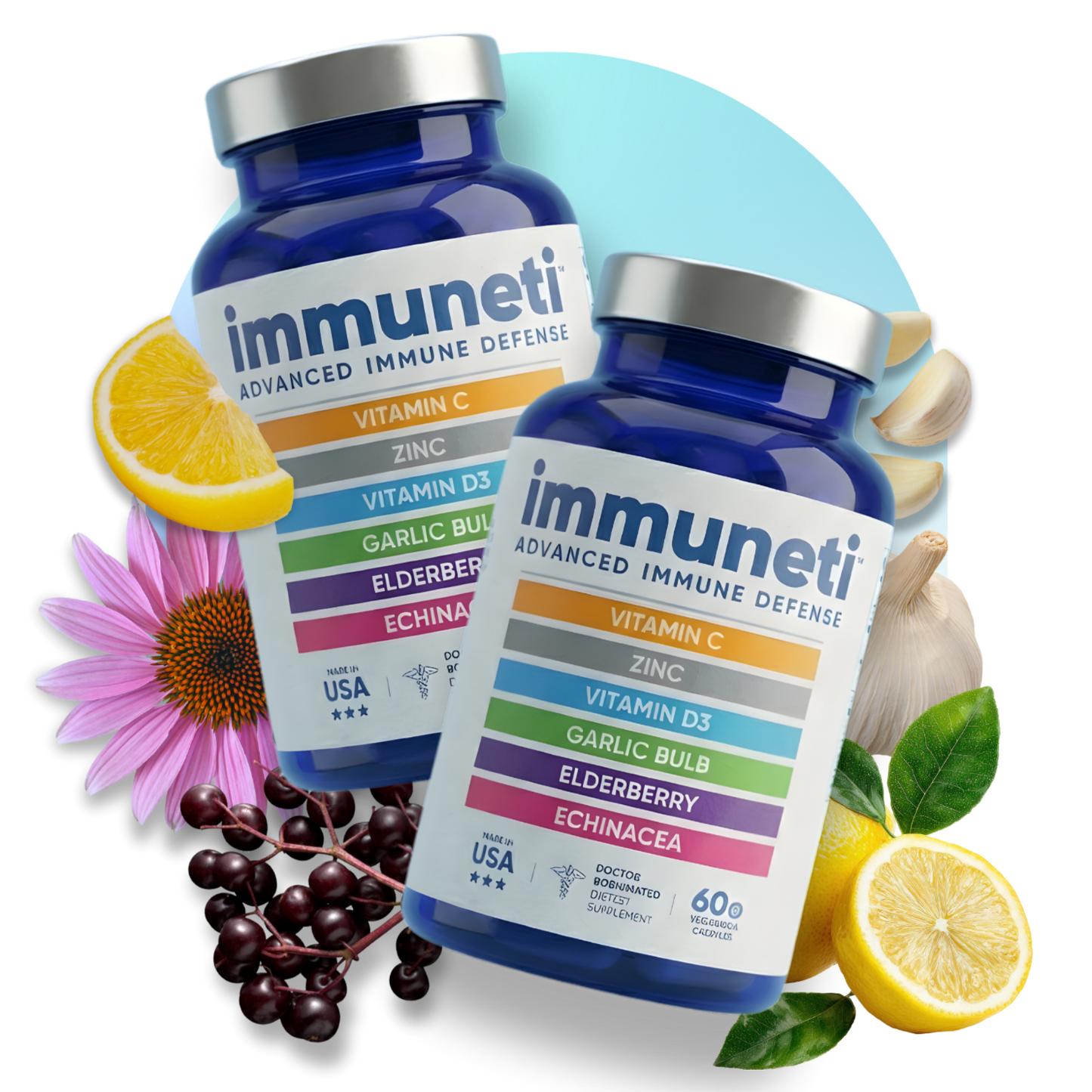 Two bottles of Immuneti Advanced Immune Defense with Elderberry, Garlic, and Zinc