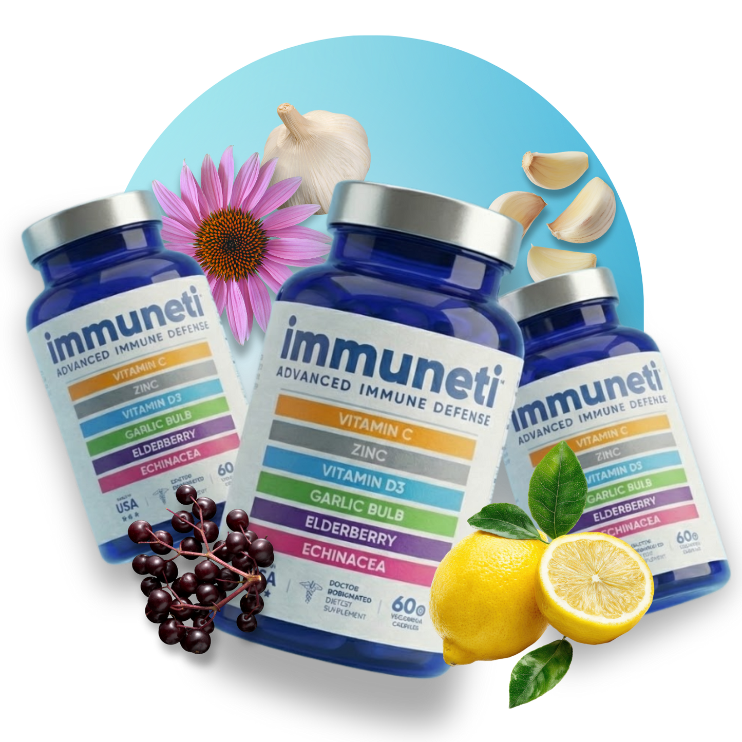 Three bottles of Immuneti Advanced Immune Defense bundle with natural ingredients