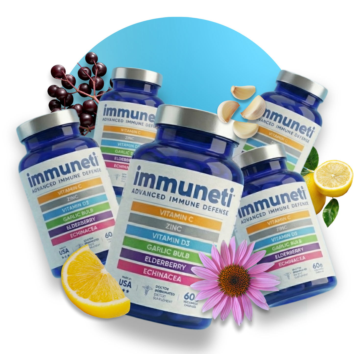 Four bottles of Immuneti Advanced Immune Defense bundle with elderberry and zinc