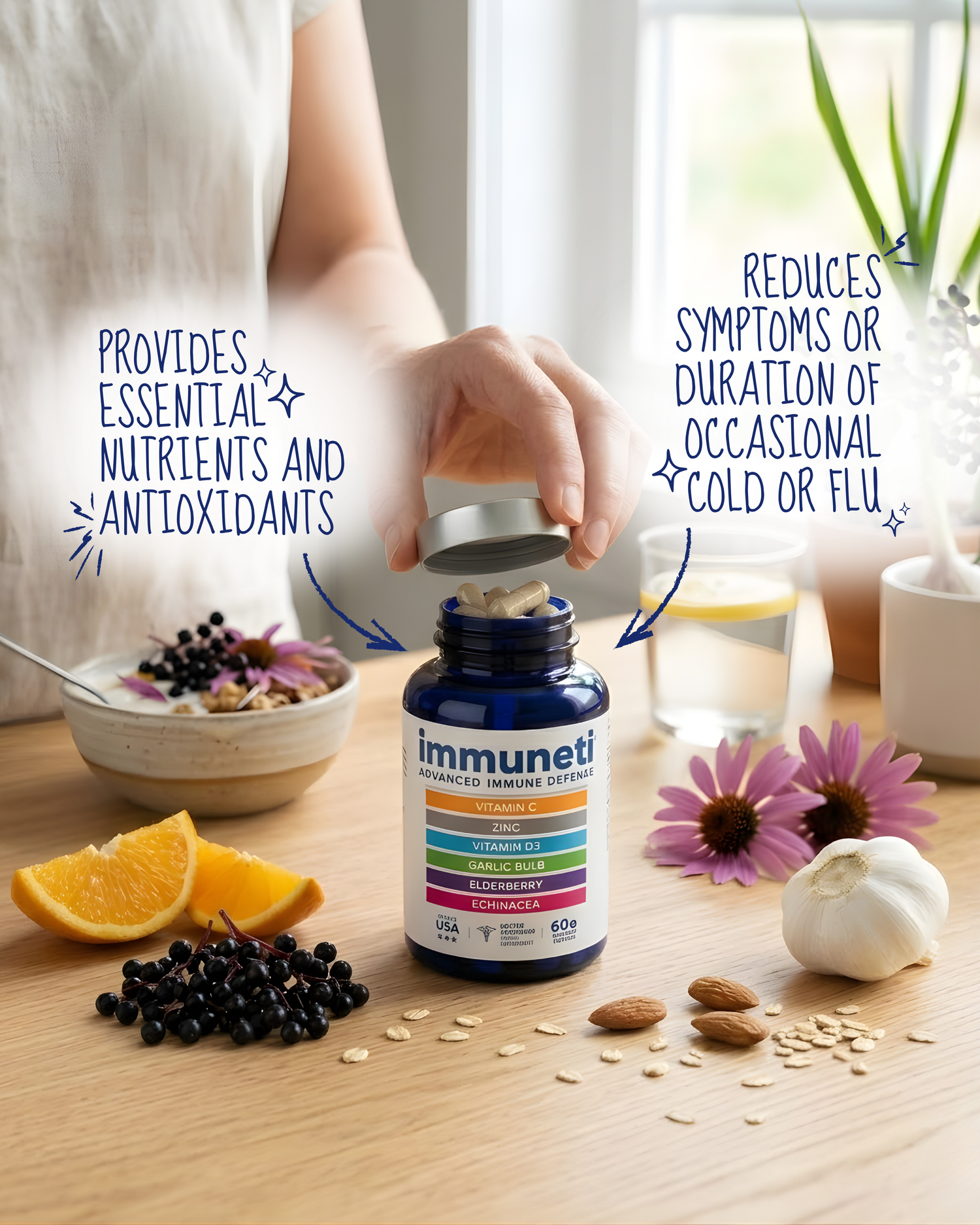 Opened Immuneti product bottle displayed with its ingredients behind it alongside text describing essential nutrients antioxidants and cold and flu symptom support