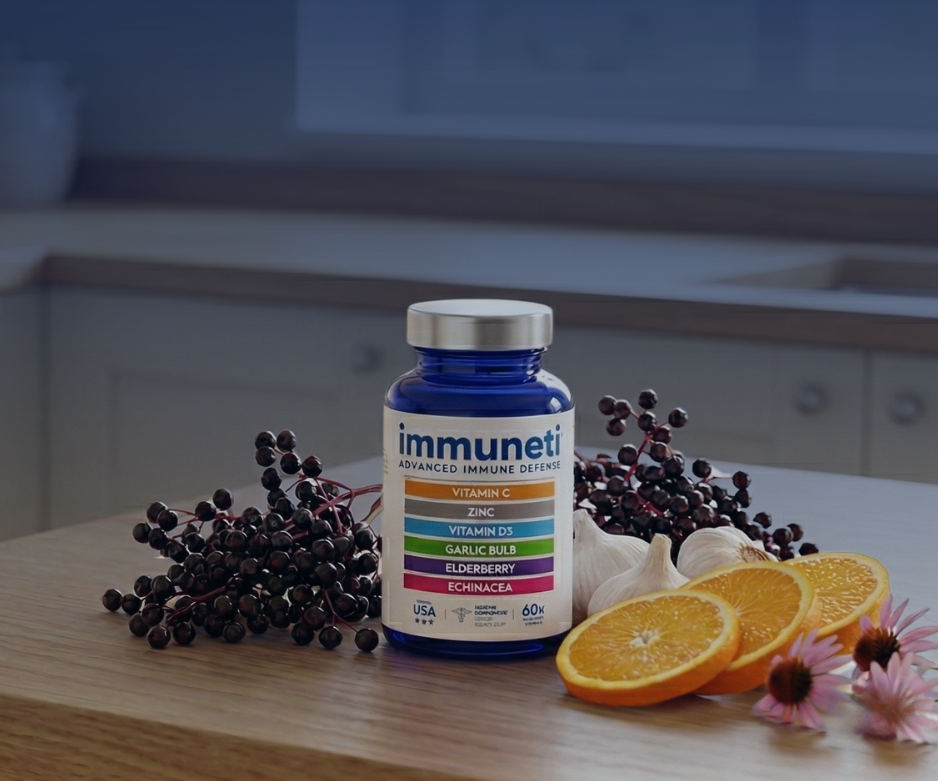 Vitamin supplement bottle labeled 'immuneti' on a kitchen counter with fruits and flowers.