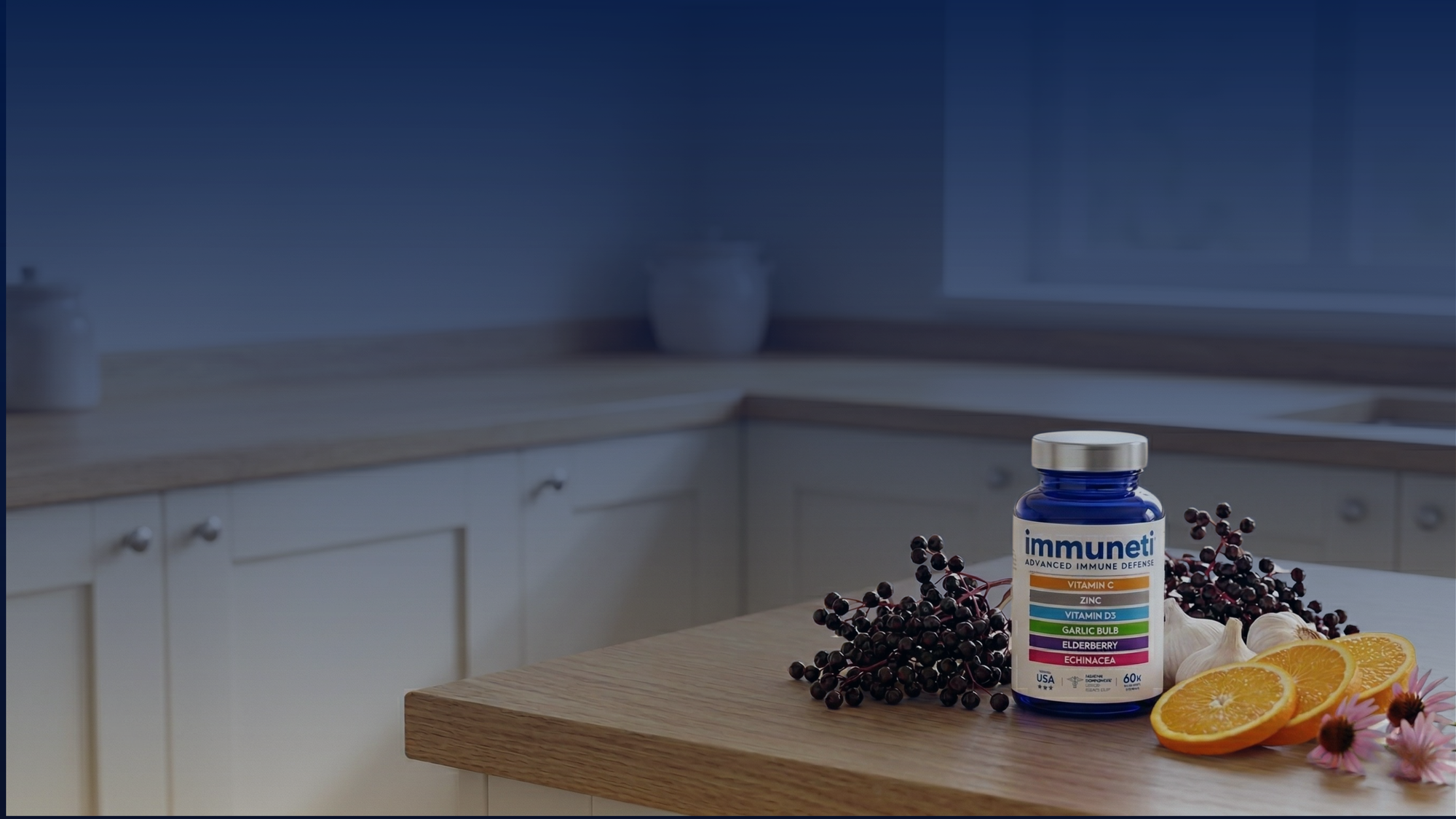 Immuneti supplement bottle with natural ingredients displayed on a table, representing product quality, formulation, and ingredient transparency