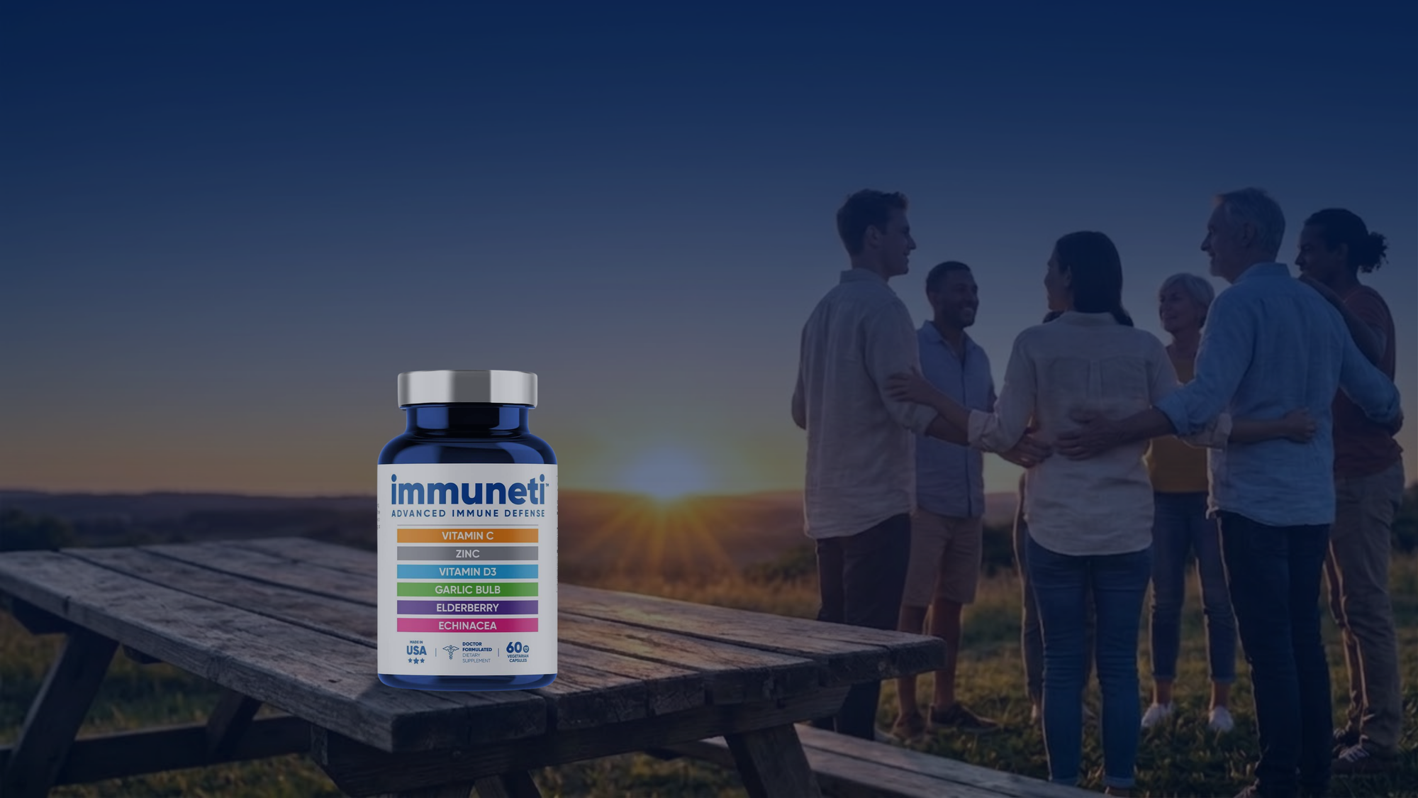 Group of people embracing to represent community, support, and shared wellness values by Immuneti