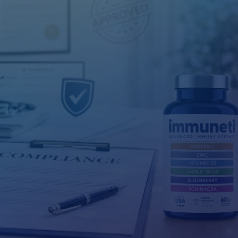 Vitamin supplement bottle labeled 'immuneti' on a desk with compliance documents and a pen.