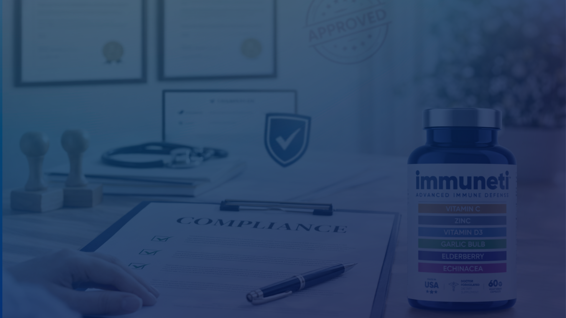 Immuneti supplement displayed with compliance text in an office setting background, representing adherence to US regulations and product transparency