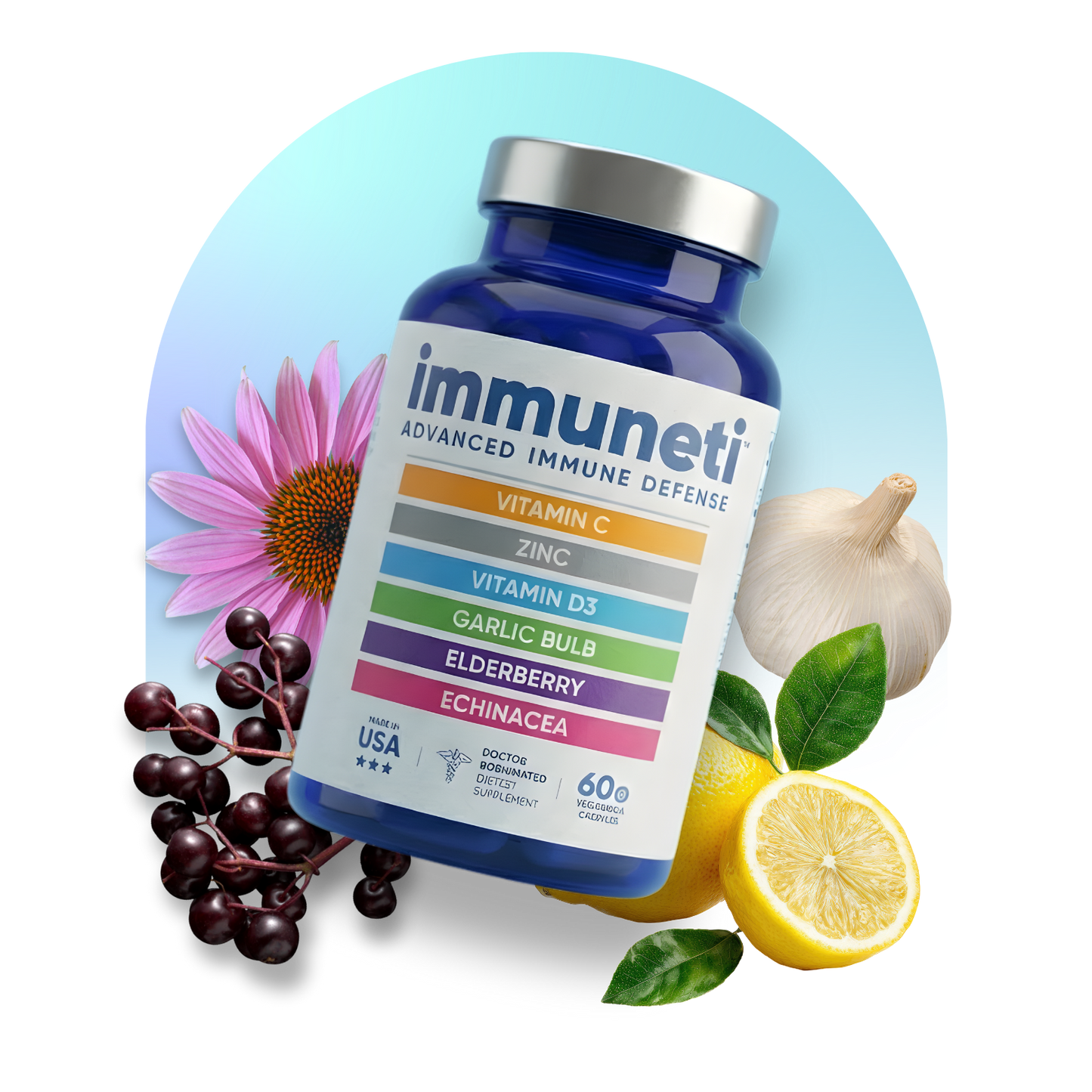 Immuneti Advanced Immune Defense bottle surrounded by garlic, elderberry, echinacea, and lemon slices