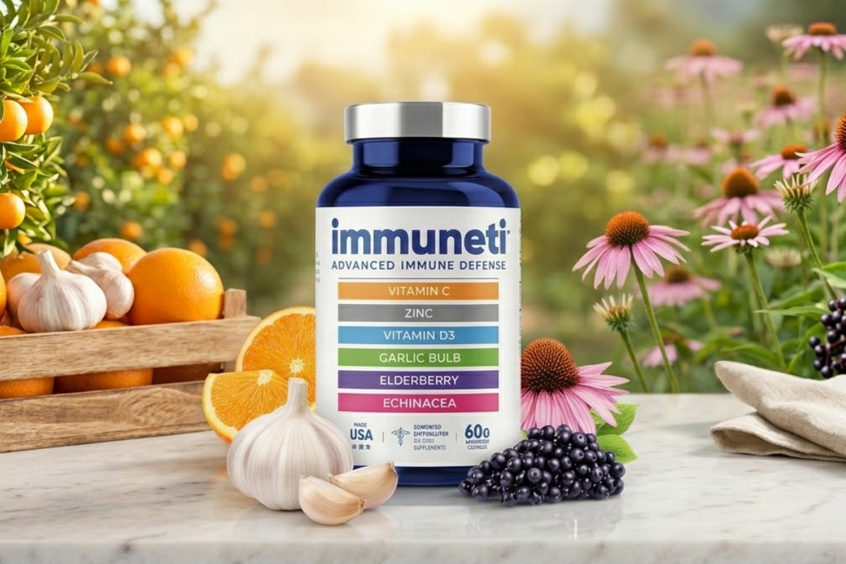 Immuneti supplement bottle displayed with its ingredients in a lively background representing a blend of vitamins herbs and minerals supporting immune health