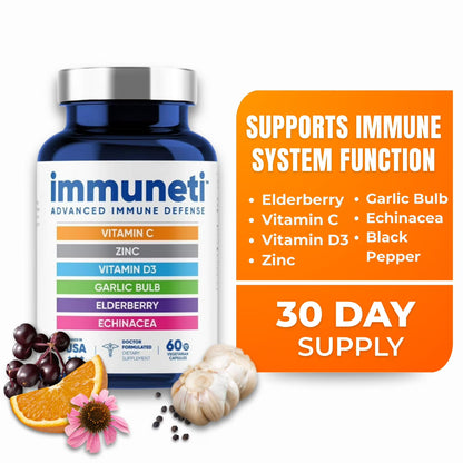 Immuneti 6-in-1 Advanced Immune Support Supplement bottle next to natural ingredients: Elderberry, Garlic Bulb, Vitamin C, Echinacea, Vitamin D3, Black Pepper, Zinc, highlighting 30-day supply and supports immune system function