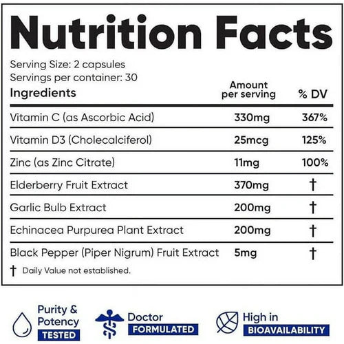 Immuneti 6-in-1 Immune Support Supplement nutrition facts showing Vitamin C, Vitamin D3, Zinc, Elderberry, Garlic, Echinacea, with purity & potency tested, doctor-formulated, and high bioavailability icons