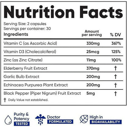 Immuneti 6-in-1 Immune Support Supplement nutrition facts showing Vitamin C, Vitamin D3, Zinc, Elderberry, Garlic, Echinacea, with purity & potency tested, doctor-formulated, and high bioavailability icons