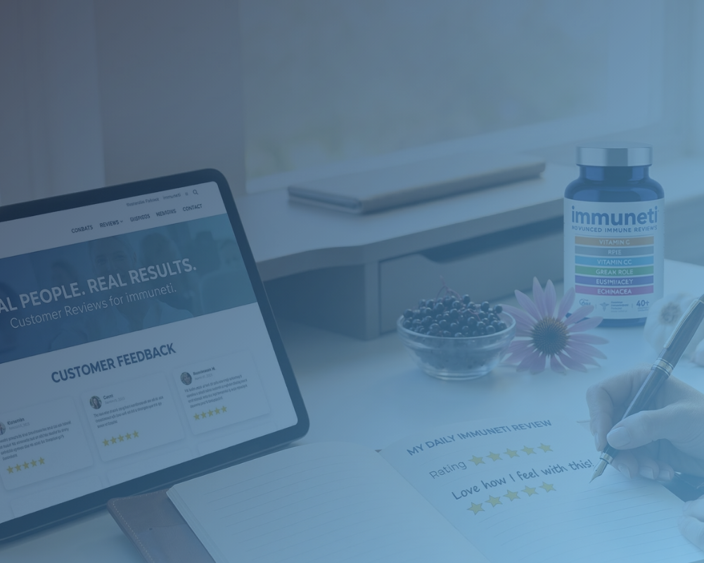 Immuneti supplement bottle with ingredients in the background and customer review context, representing real user feedback and social proof
