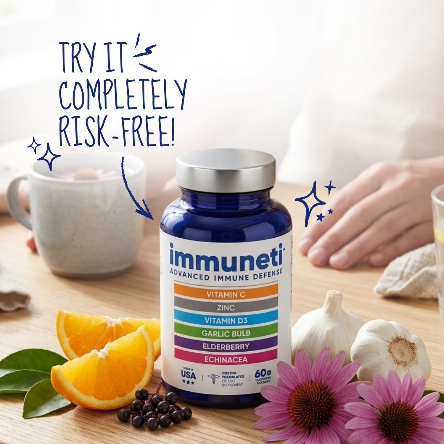 Immuneti supplement bottle with ingredients in the background highlighting a completely risk-free trial offer