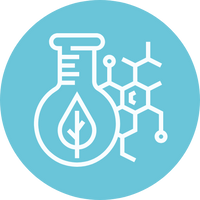 Blue icon of a laboratory flask with a leaf and molecules