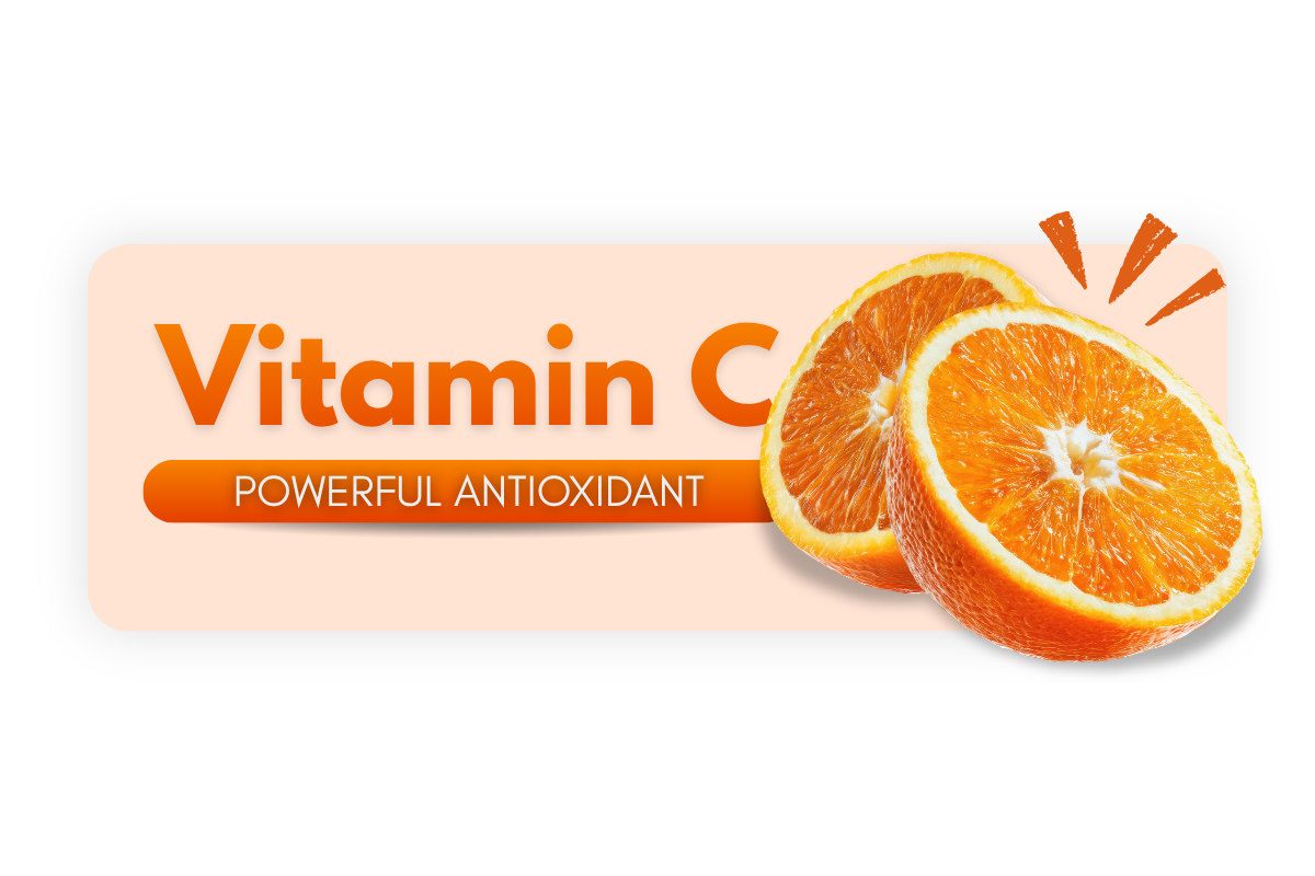 Vitamin C powerful antioxidant shown with orange slices representing its role in immune support and protection against oxidative stress